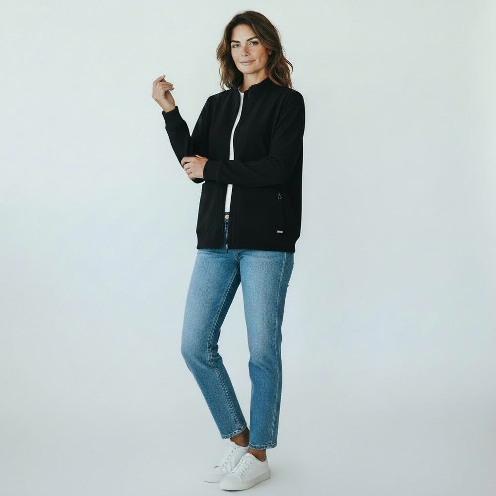 Figs Black Zip-Front Women's Jacket with White Trim